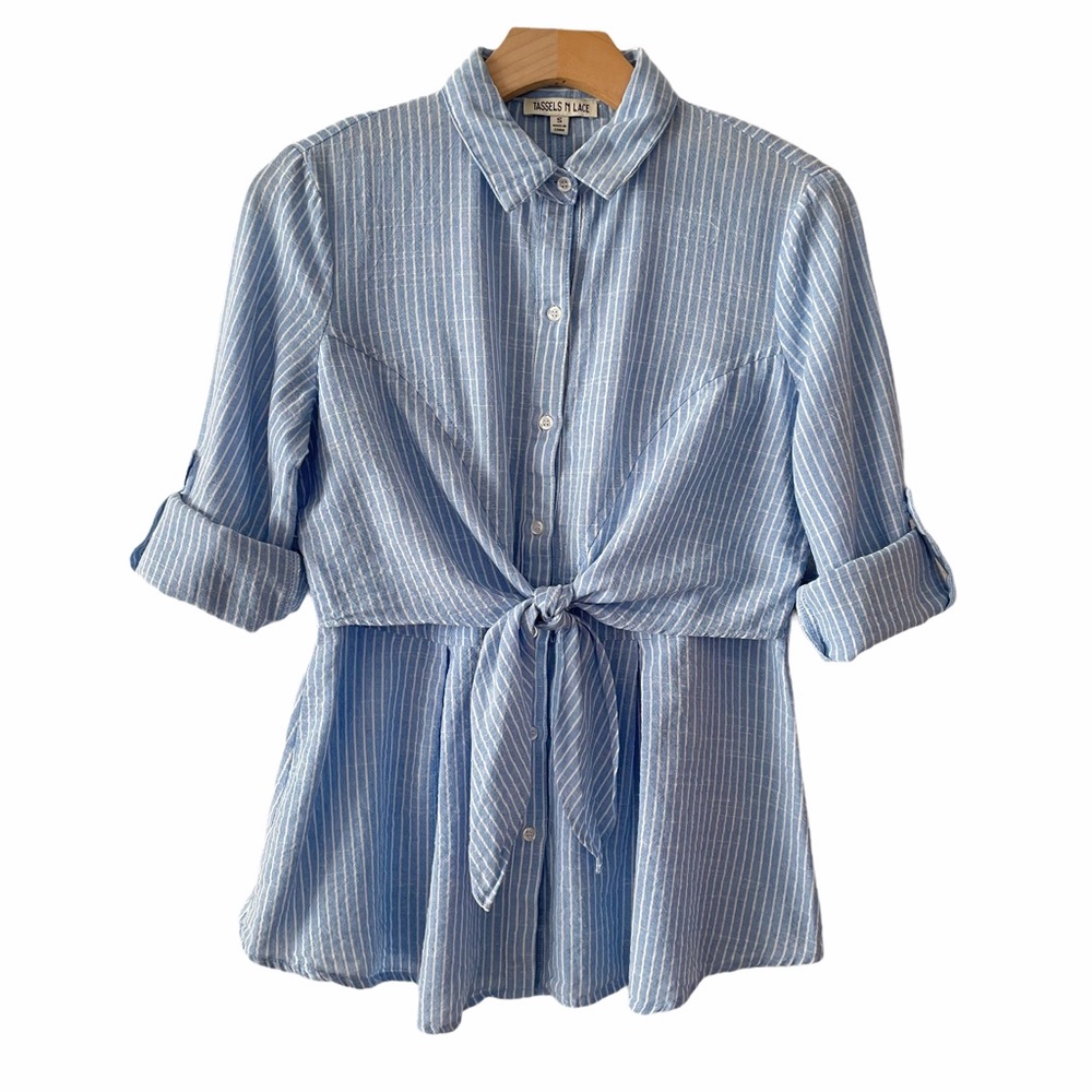 Tassels N Lace Striped Tie Front Roll Tab Blouse